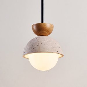 Zapri - Lampa wisząca trawertynowa, drewniana, żółta do salonu, Ø15 x 20 cm