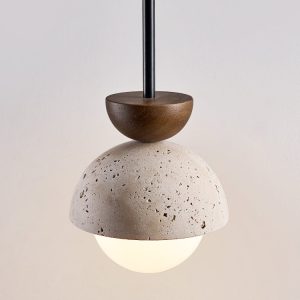 Zapri - Lampa wisząca trawertynowa, drewniana, żółta do salonu, Ø15 x 20 cm