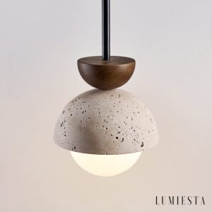 Zapri - Lampa wisząca trawertynowa, drewniana, żółta do salonu, Ø15 x 20 cm