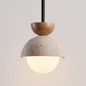 Zapri - Lampa wisząca trawertynowa, drewniana, żółta do salonu, Ø15 x 20 cm