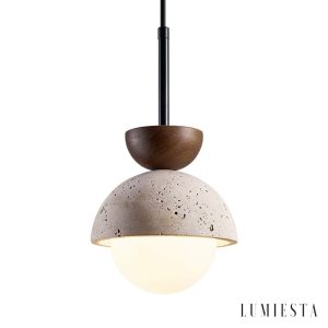 Zapri - Lampa wisząca trawertynowa, drewniana, żółta do salonu, Ø15 x 20 cm