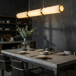 Omera - Cylindryczna lampa wisząca alabastrowa, biało-złota, 100/120/140 cm  - żyrandol nad stół