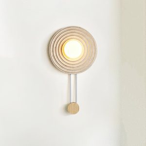 Marrakech - Okrągła lampa ścienna - trawertyn i drewno, Ø 33 cm, jasny/ciemny orzech, kinkiet do salonu