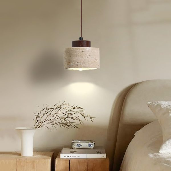 Lampa wisząca vintage cylindryczna z trawertynu beżowa