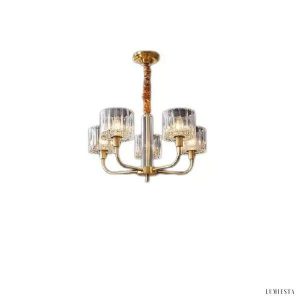 Nowoczesny żyrandol mosiężny z szklanymi kloszami 5-punktowy