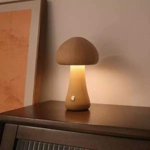 Lampa stołowa grzyb z drewna z funkcją ładowania