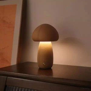 Lampa stołowa grzyb z drewna z funkcją ładowania
