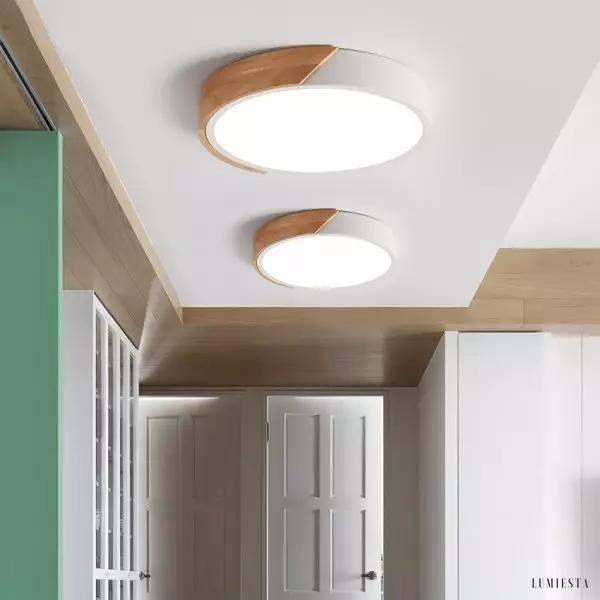 Nowoczesna okrągła lampa sufitowa LED z drewnianym akcentem