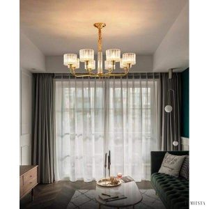 Nowoczesny żyrandol mosiężny z szklanymi kloszami 5-punktowy