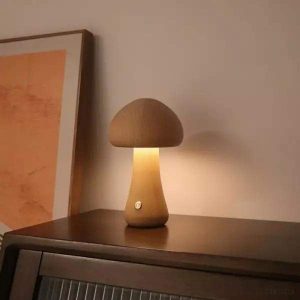 Lampa stołowa grzyb z drewna z funkcją ładowania