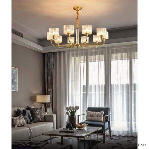 Nowoczesny żyrandol mosiężny z szklanymi kloszami 5-punktowy