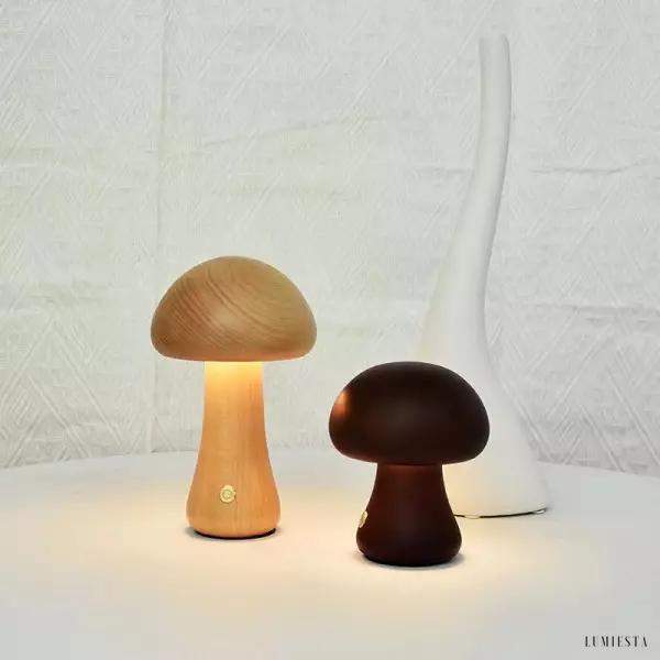 Lampa stołowa grzyb z drewna z funkcją ładowania
