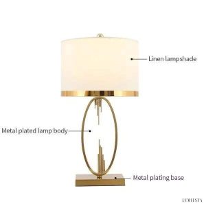 Metalowa lampa stołowa w stylu nowoczesnym z białym abażurem