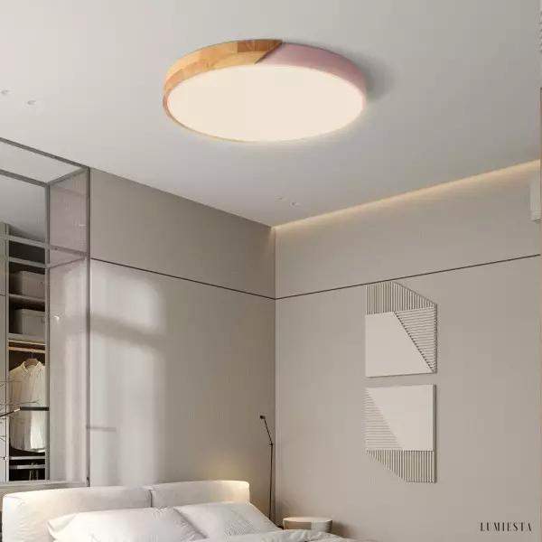 Nowoczesna okrągła lampa sufitowa LED z drewnianym akcentem