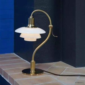 Lampka stołowa w kształcie znaku zapytania z opalowym szkłem