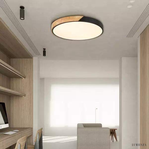 Nowoczesna okrągła lampa sufitowa LED z drewnianym akcentem