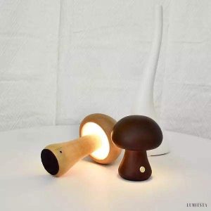 Lampa stołowa grzyb z drewna z funkcją ładowania