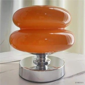 Lampa stołowa Bauhaus w kolorze pomarańczowym z efektownym kształtem, 20x18cm