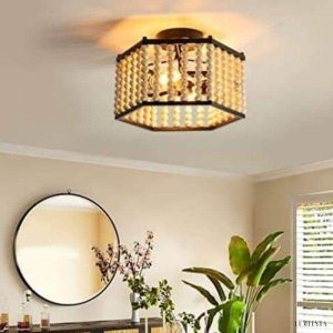 Lampa sufitowa hexagonalna z drewnianymi koralikami rustic