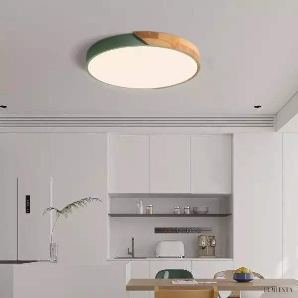 Nowoczesna okrągła lampa sufitowa LED z drewnianym akcentem