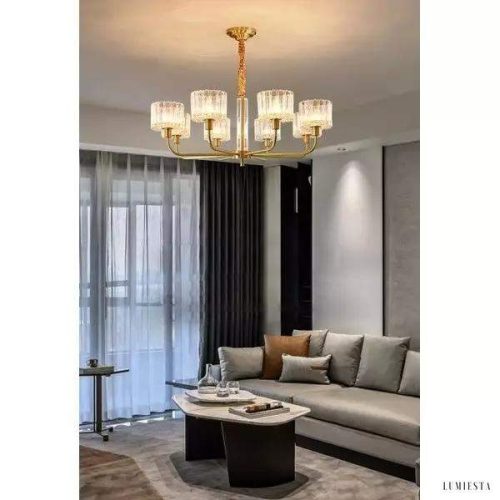 Nowoczesny żyrandol mosiężny z szklanymi kloszami 5-punktowy