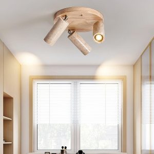 Cylindryczna lampa sufitowa z travertynem i drewnem 17cm