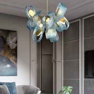 Warwick - Żyrandol niebieskie szkło, płatki, mosiężny 60 cm