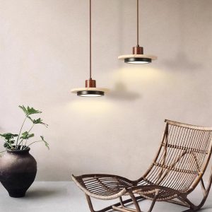Travertynowa retro lampa wisząca dysk 20cm beżowy orzechowy