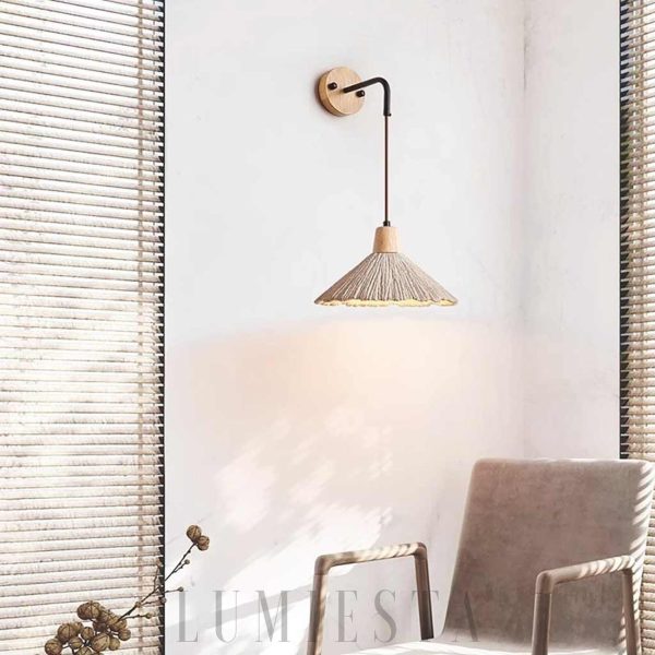 Olympia - Lampa ścienna z trawertynu, drewniany klosz, żółta