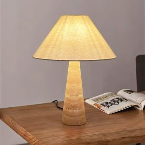 Elegancka stożkowa lampa stołowa z trawertynu beżowa 45x52cm