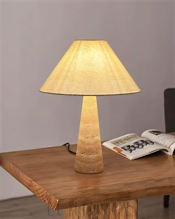 Elegancka stożkowa lampa stołowa z trawertynu beżowa 45x52cm