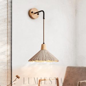 Olympia - Lampa ścienna z trawertynu, drewniany klosz, żółta