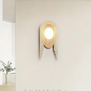 Vima - Beżowa lampa ścienna, trawertyn i drewno, stylowy kinkiet 18x40cm