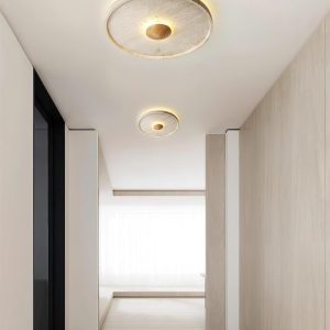 Lampa sufitowa dysk travertyn z drewnianym środkiem 42cm