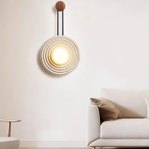 Marrakech - Okrągła lampa ścienna - trawertyn i drewno, Ø 33 cm, jasny/ciemny orzech, kinkiet do salonu