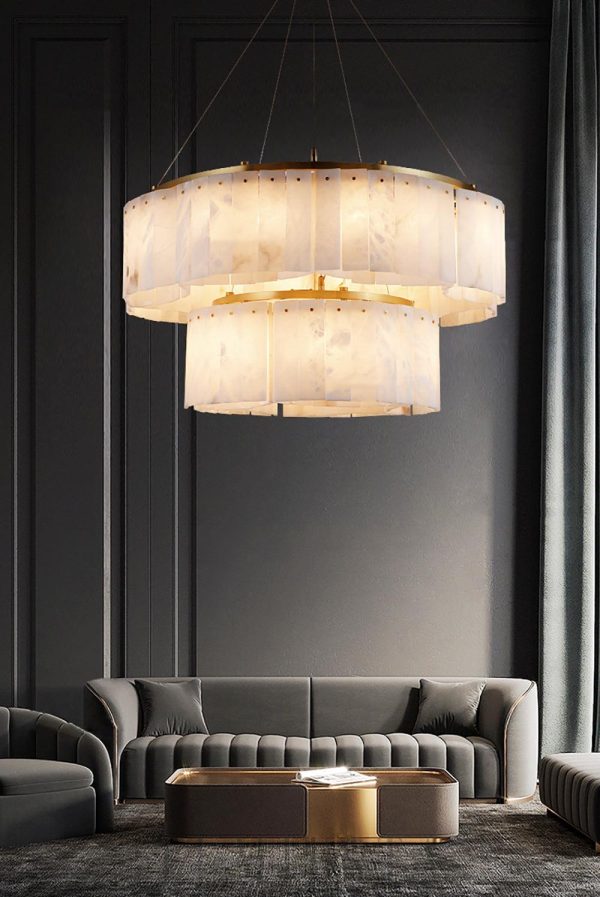 Concha - Kaskadowy żyrandol z alabastru, biało-złoty, Ø 56,66,86,96,116 cm - do salonu