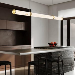 Lampa wisząca podłużna z alabastru, nowoczesna, biało złota 100/120/150 cm - Żyrandol nad stół