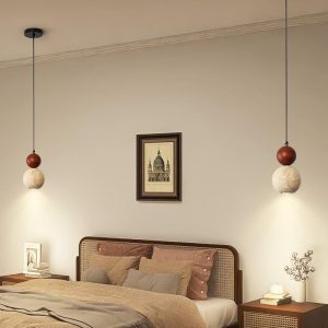 Elegancka lampa wisząca travertynowa z drewnem 10 cm