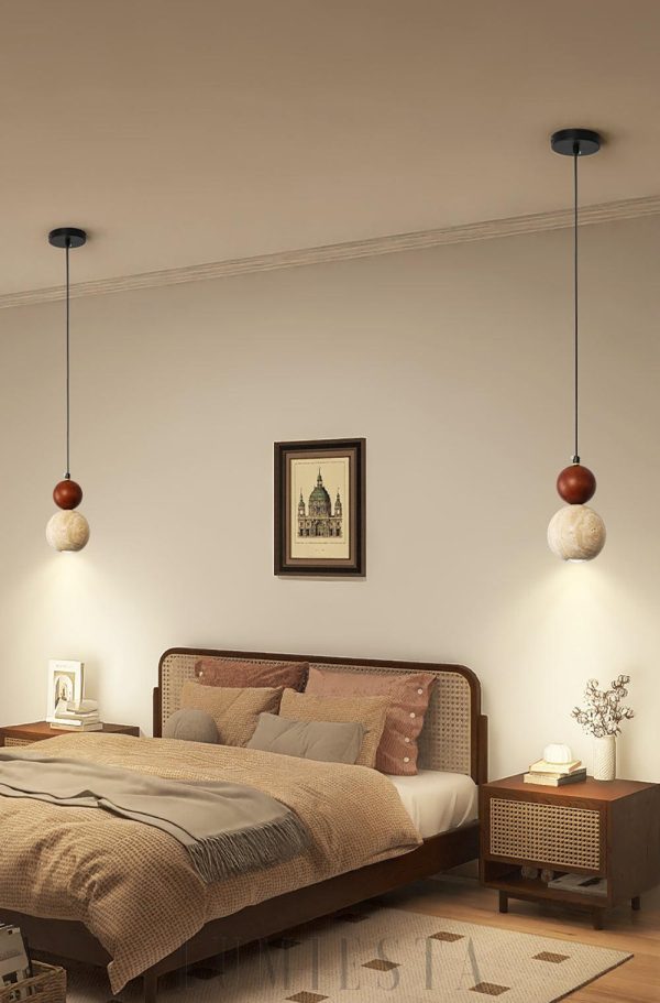 Elegancka lampa wisząca travertynowa z drewnem 10 cm