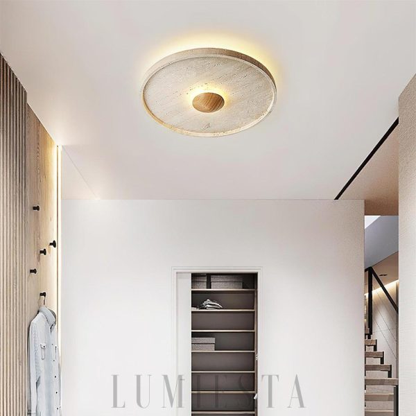 Lampa sufitowa dysk travertyn z drewnianym środkiem 42cm