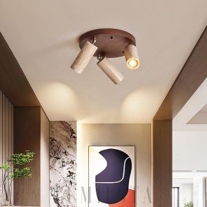 Cylindryczna lampa sufitowa z travertynem i drewnem 17cm