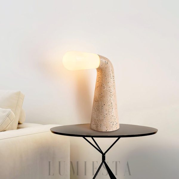 Designerska stożkowa lampa z trawertynu beżowa 25cm wys 34cm