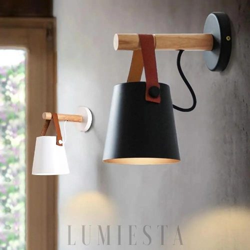 Stylowa lampa ścienna metalowy klosz, drewniany uchwyt