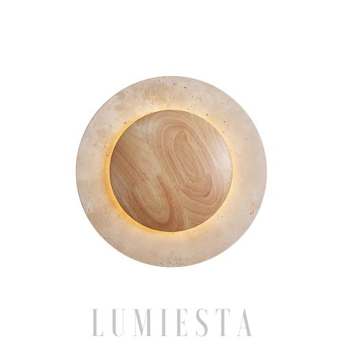 Elegancka okrągła lampa ścienna trawertyn drewno 25cm ciepła