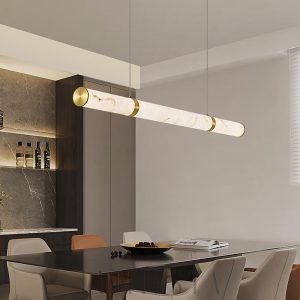 Lampa wisząca podłużna z alabastru, nowoczesna, biało złota 100/120/150 cm - Żyrandol nad stół