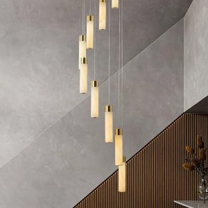 Benito - Mosiężna lampa wisząca Alabaster - kaskadowa