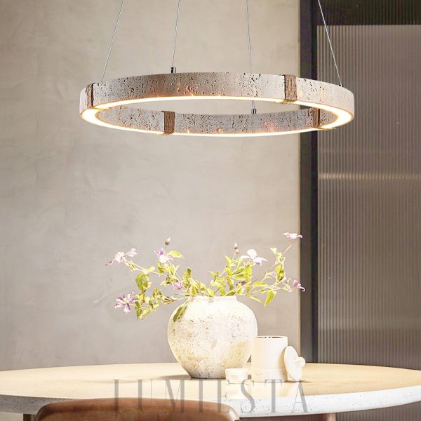 Dainolite - Okrągły żyrandol z trawertynu i drewna beżowy Ø40/50/60cm, do salonu, nad stół