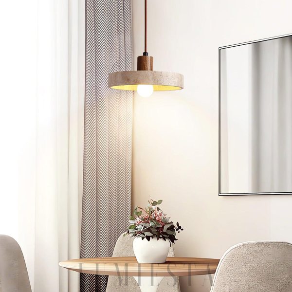 Piedra - Lampa wisząca Ø20 cm – trawertyn i drewno, beż-orzech, skandynawska