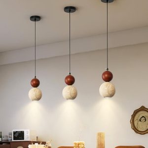 Elegancka lampa wisząca travertynowa z drewnem 10 cm