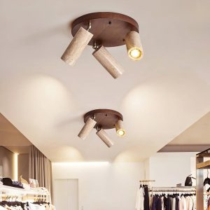 Cylindryczna lampa sufitowa z travertynem i drewnem 17cm